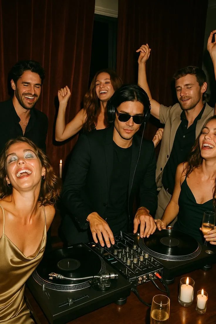 DJ amenizando una fiesta privada con invitados bailando